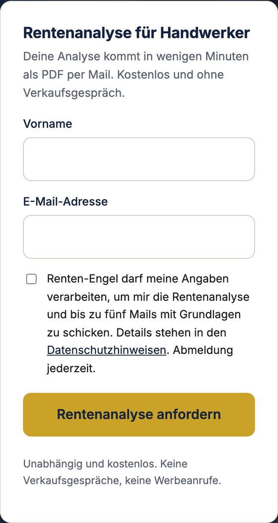 Erster Schritt der Rentenanalyse für Handwerker am Handy: Felder für Vorname und E-Mail-Adresse, Zustimmung zur Verarbeitung und der Knopf „Rentenanalyse anfordern“