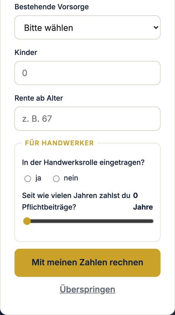 Ende des zweiten Schritts am Handy: freiwillige Angaben zu Vorsorge, Kindern und Rentenbeginn, darunter der Bereich „Für Handwerker“ mit Handwerksrolle und Pflichtbeitragsjahren