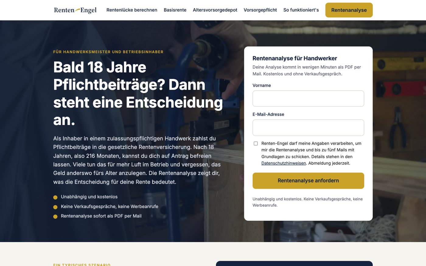 Seite für Handwerker auf renten-engel.de: „Bald 18 Jahre Pflichtbeiträge? Dann steht eine Entscheidung an.“ mit Formular für die Rentenanalyse