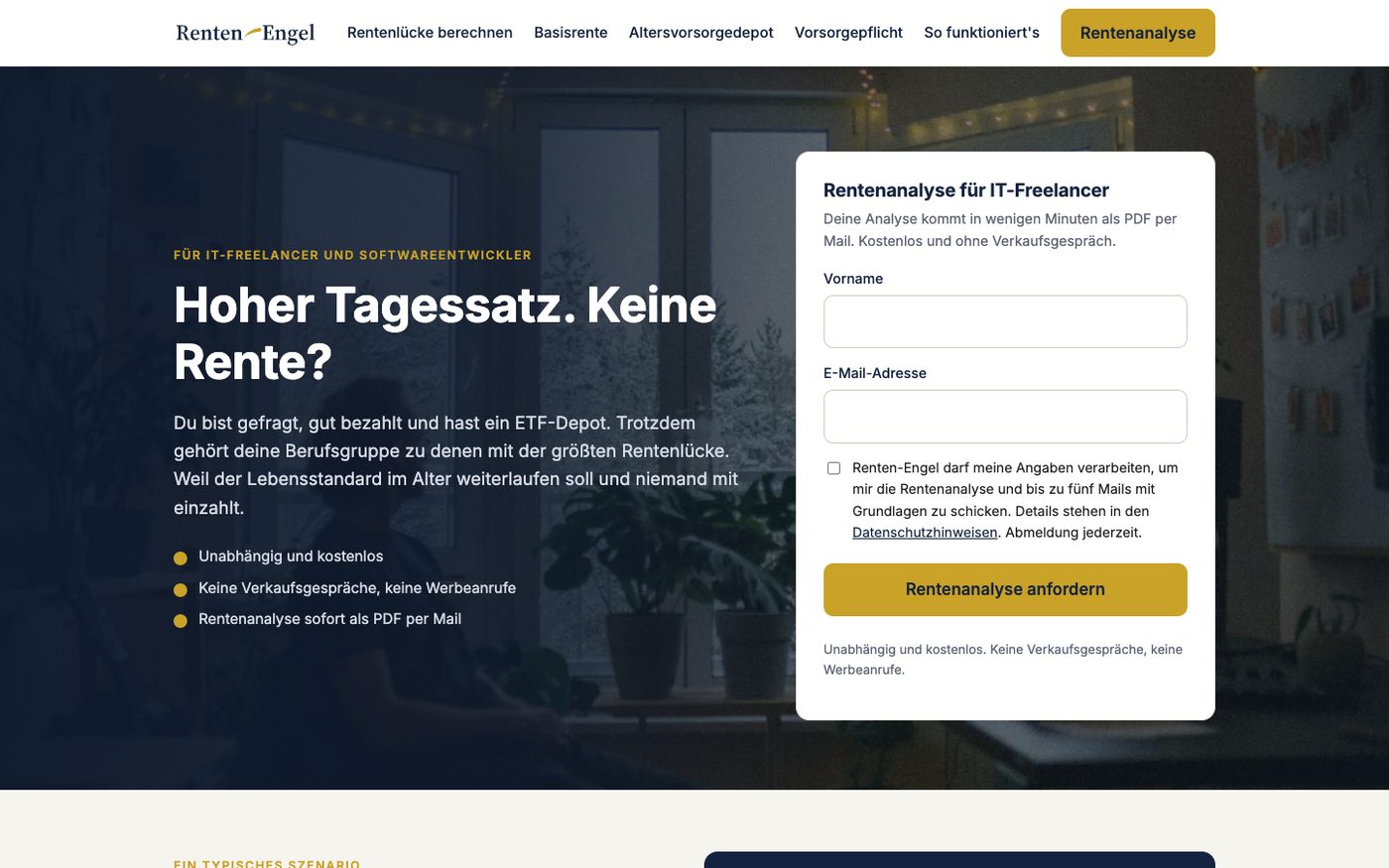 Seite für IT-Freelancer auf renten-engel.de: „Hoher Tagessatz. Keine Rente?“ mit Formular für die Rentenanalyse
