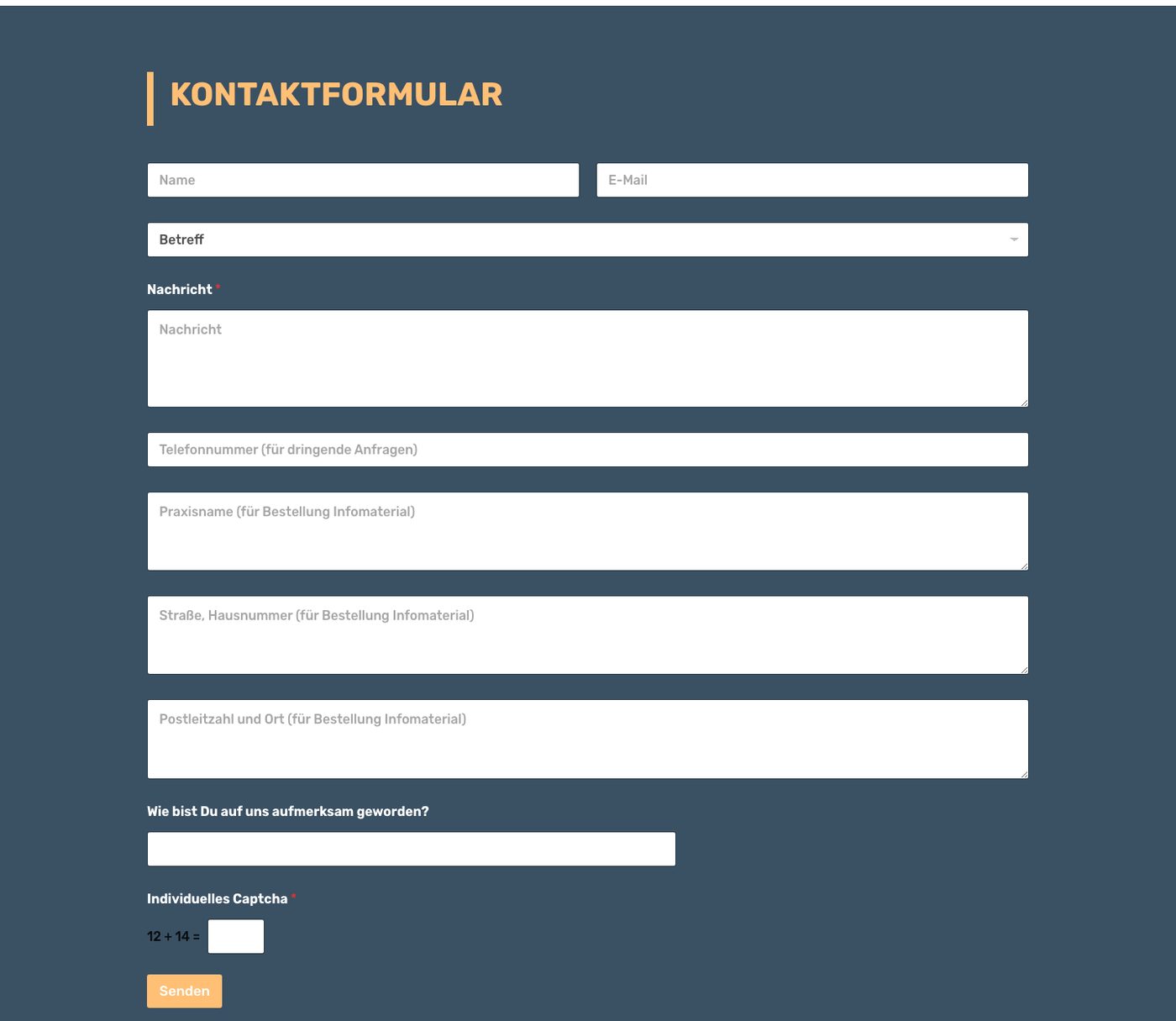 Kontaktformular von Stark gegen CMV mit Feldern für Name, E-Mail, Betreff, Nachricht, Telefonnummer und Anschrift für die Bestellung von Infomaterial