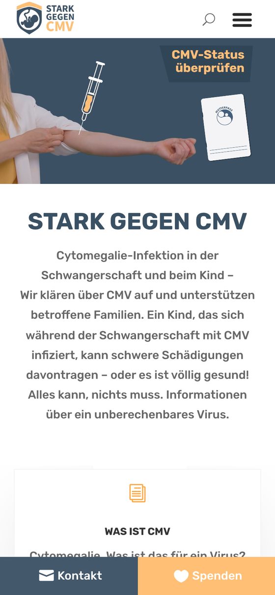 Startseite von Stark gegen CMV am Handy mit Kopfvideo „CMV-Status überprüfen“ und den Knöpfen Kontakt und Spenden am unteren Rand