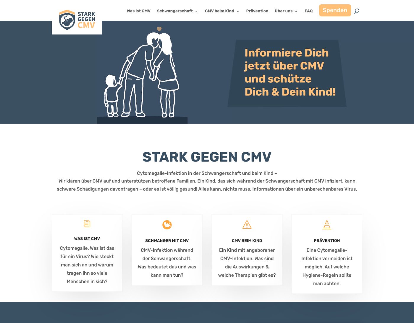 Startseite von Stark gegen CMV heute: gezeichnete Familie im Kopfbereich, daneben „Informiere Dich jetzt über CMV“, Spendenknopf im Menü