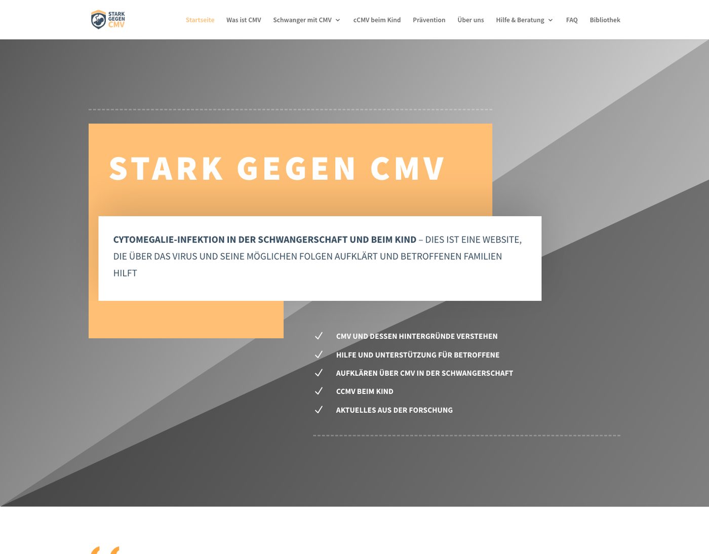 Alte Startseite von Stark gegen CMV: Schriftzug Stark gegen CMV in einem orangen Kasten auf grauem Grund, darunter ein Text in Großbuchstaben