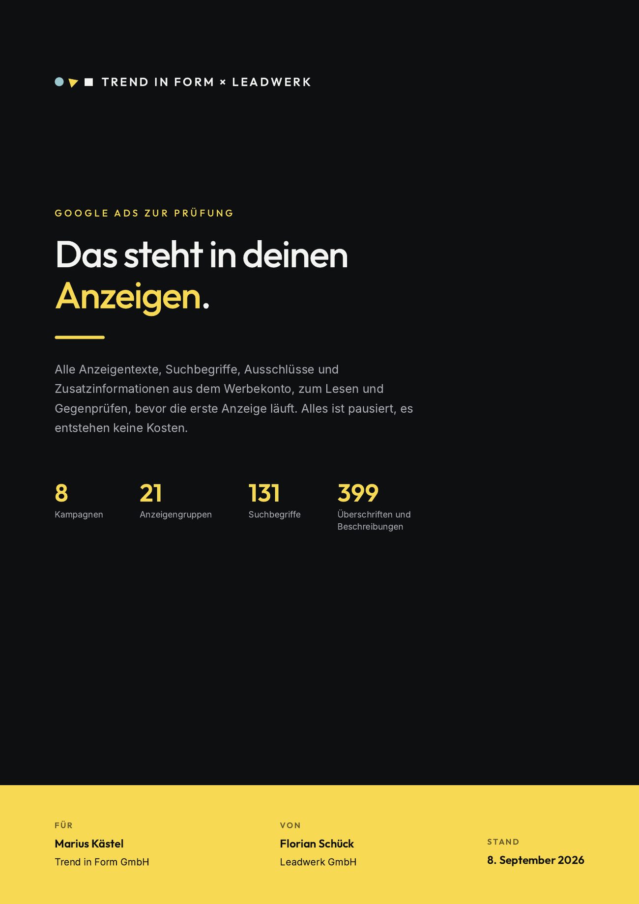 Titelseite des Dokuments Google Ads zur Prüfung für Trend in Form mit 8 Kampagnen, 21 Anzeigengruppen, 131 Suchbegriffen und 399 Überschriften und Beschreibungen