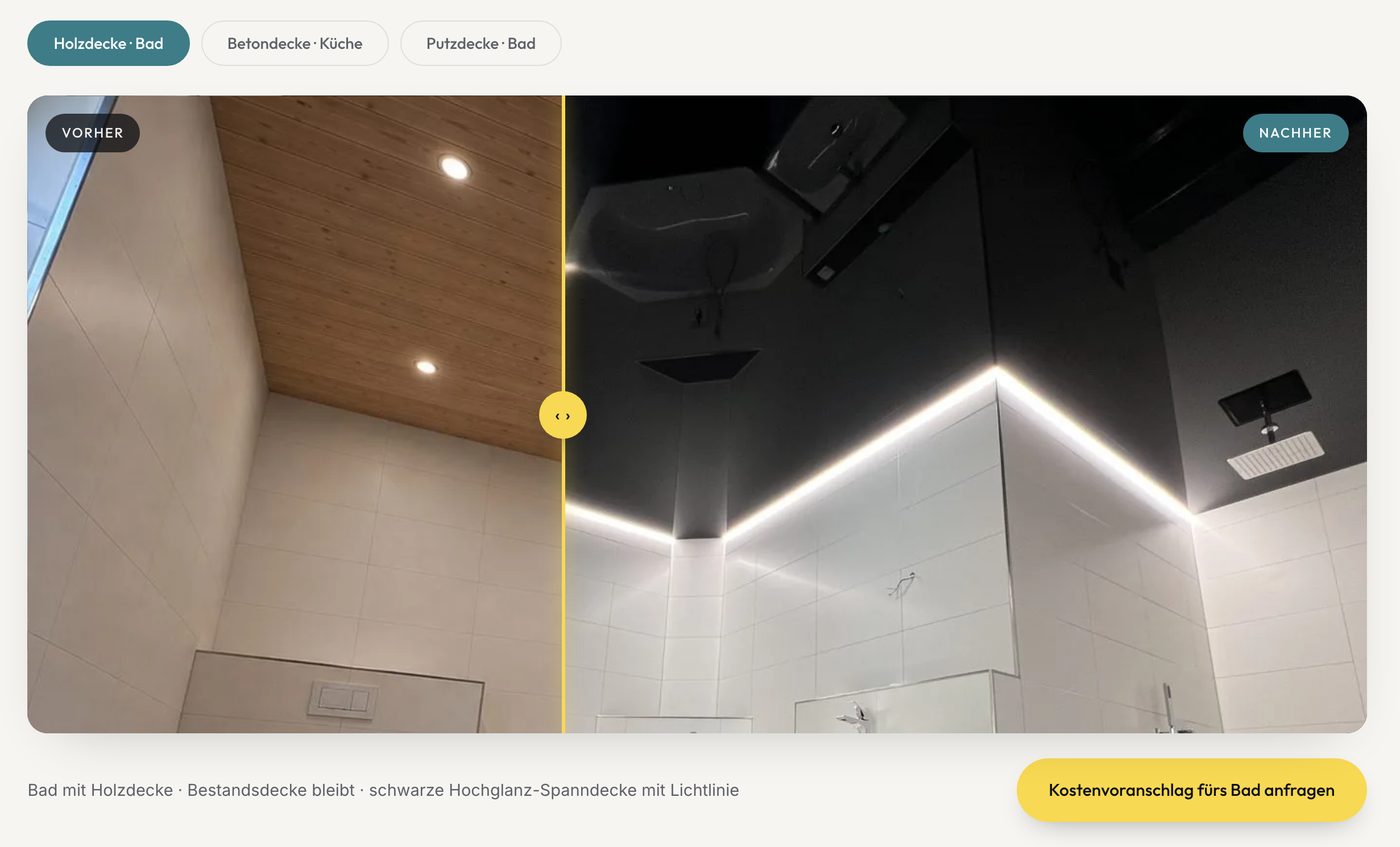 Abschnitt Vorher und Nachher auf trend-in-form.de mit Reitern für Holzdecke, Betondecke und Putzdecke, darunter der Regler zwischen Holzdecke und schwarzer Spanndecke in Hochglanz mit Lichtlinie