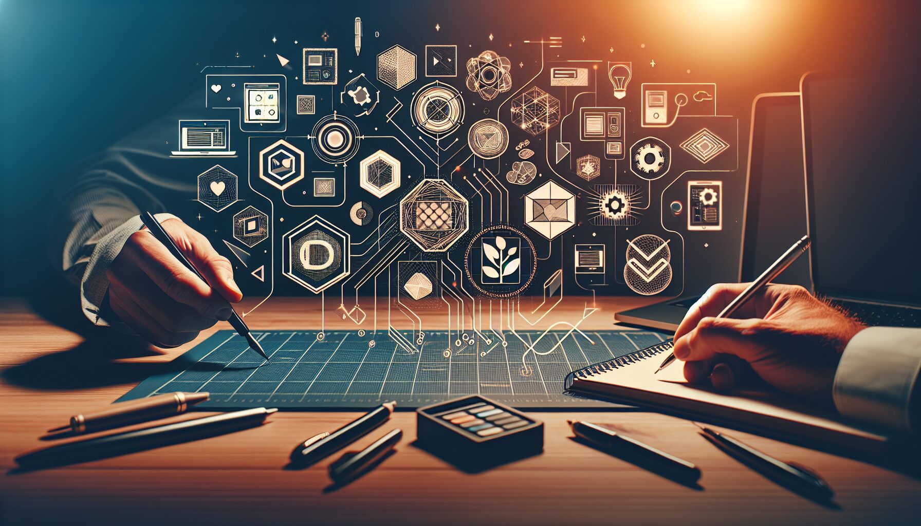 Zwei Hände entwerfen digitale Konzepte auf Papier mit Symbolen für Technologie und Innovation.