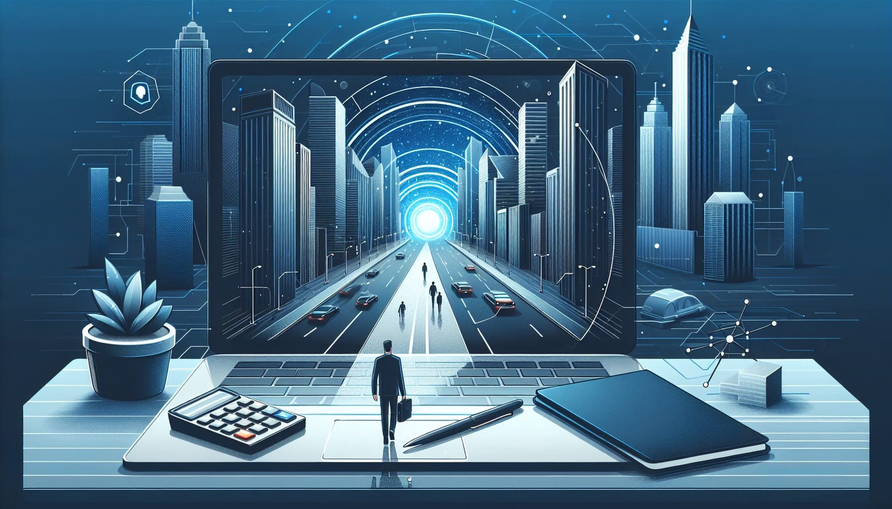 Futuristische Stadt aus Laptop, symbolisiert digitale Transformation und Vernetzung, mit Geschäftsleuten auf einer Straße.