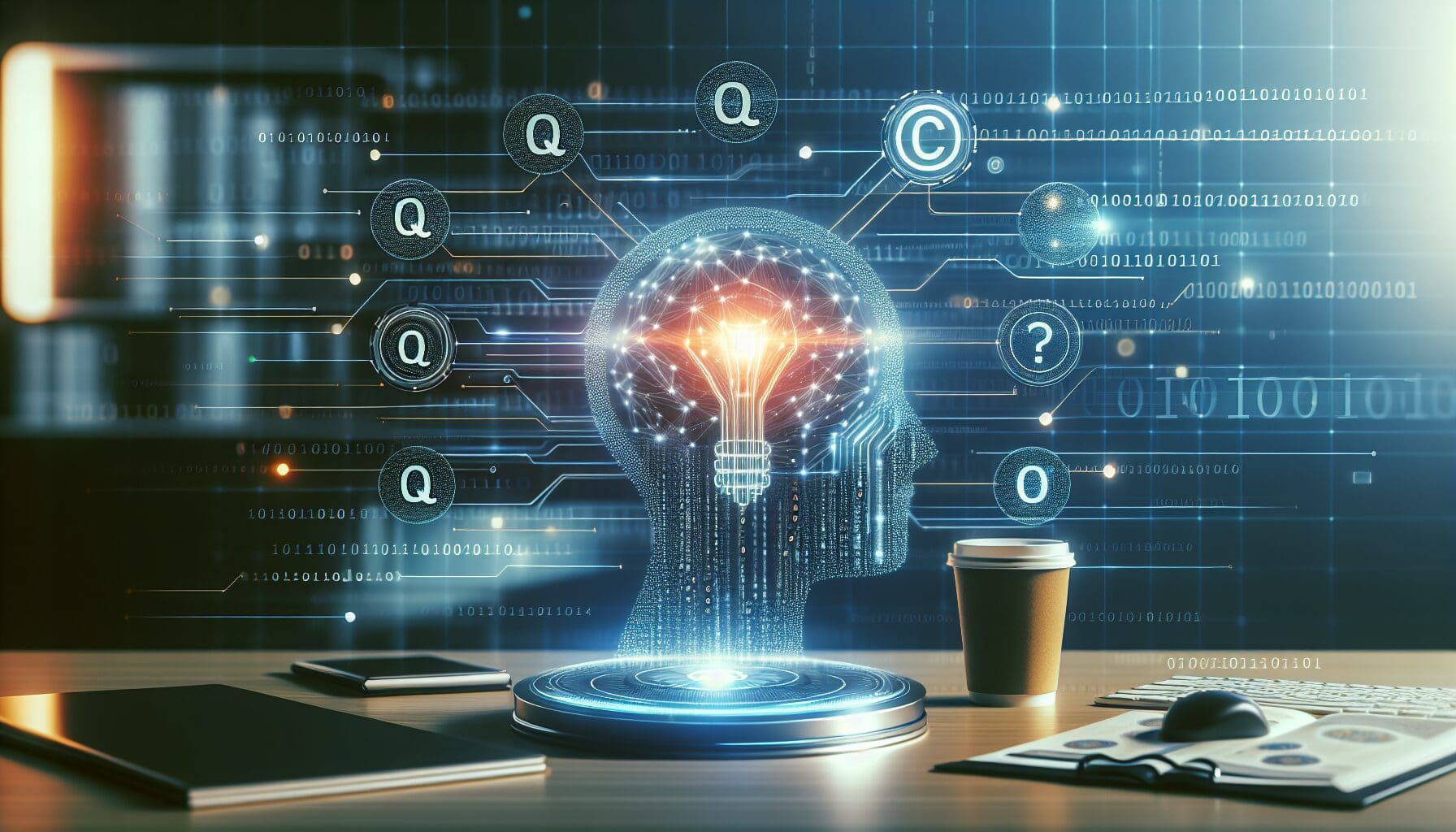 Digitales Konzept einer KI mit leuchtender Glühbirne in einem neuronalen Netzwerk auf einem Schreibtisch.
